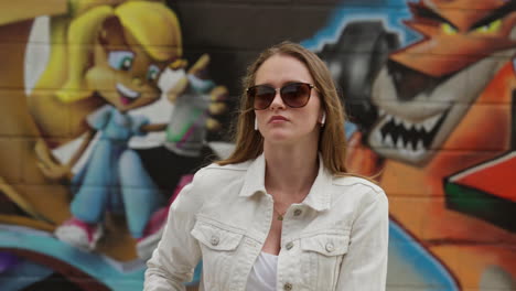 Young-Lady-is-listening-music-in-front-of-Graffiti-in-Toronto