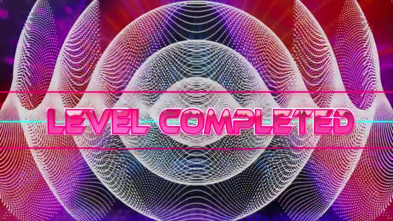 Animation of level completed text over neon shapes on dark background