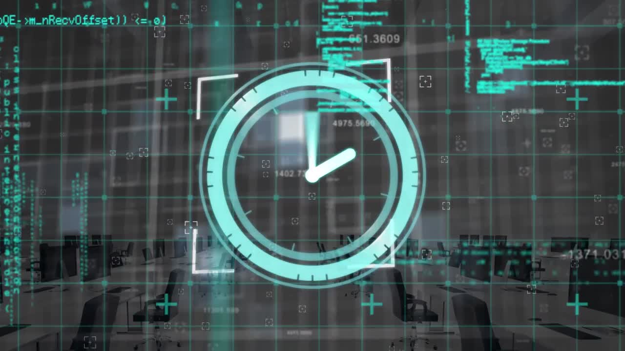 animación del procesamiento de datos y el reloj moviéndose por la oficina