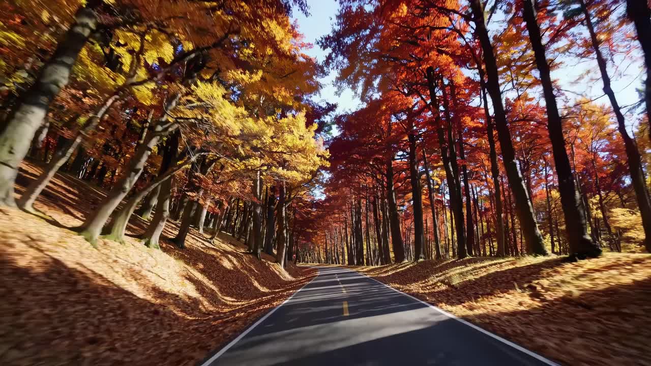 A dynamic video captures a road through a vibrant autumn forest