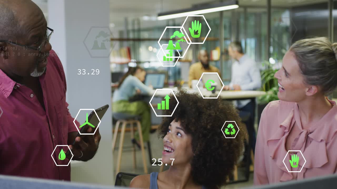Standing colleague tapping tablet, seated women leaning, hex icons updating data for analytics demo