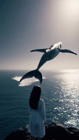 girl watching a whale jump