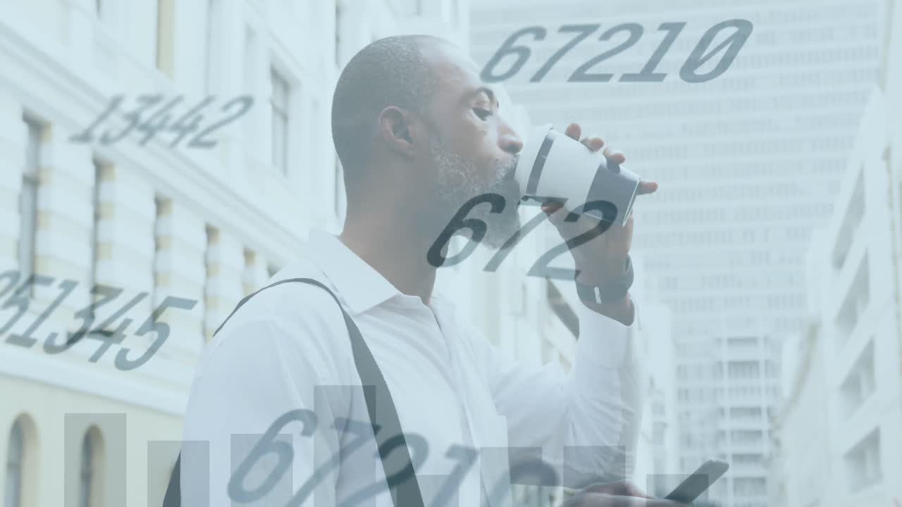 Animation of graphs and changing numbers, senior african man using cellphone while drinking coffee