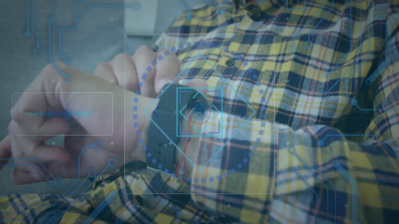 Digital interface with data processing against mid section of man using smartwatch