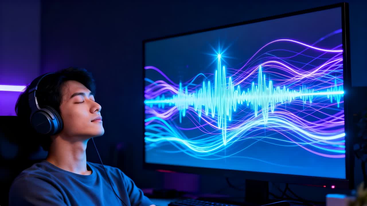 Lænende mand iført t-shirt og headset, der slapper af til musik ved et gaming-bord, skærmbølgeform, kopiplads