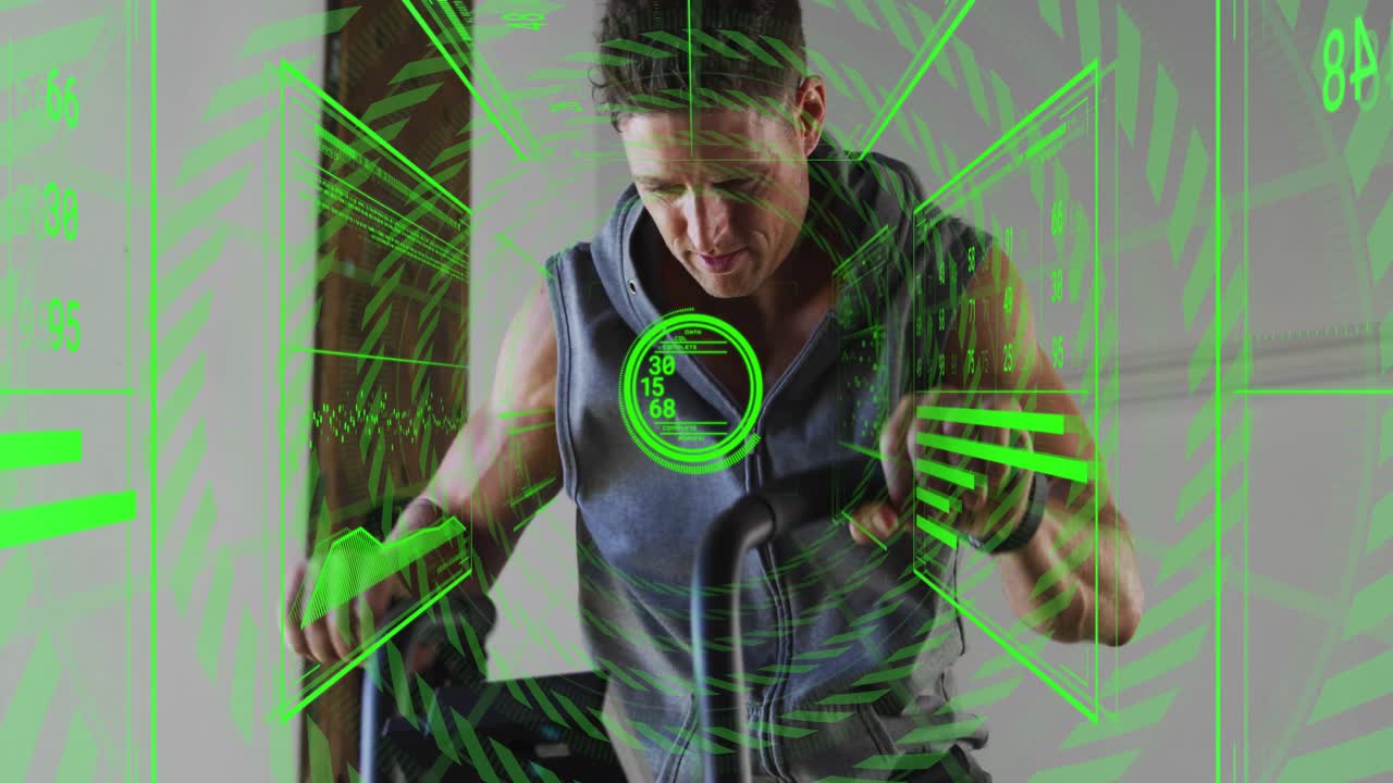 Man entering room, pedaling bike, watching green HUD, pressing console, updating meter for fitness