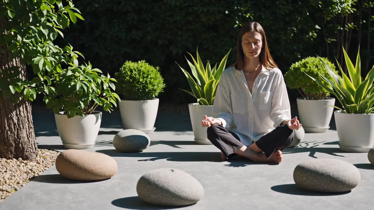 Donna che medita in un bellissimo giardino