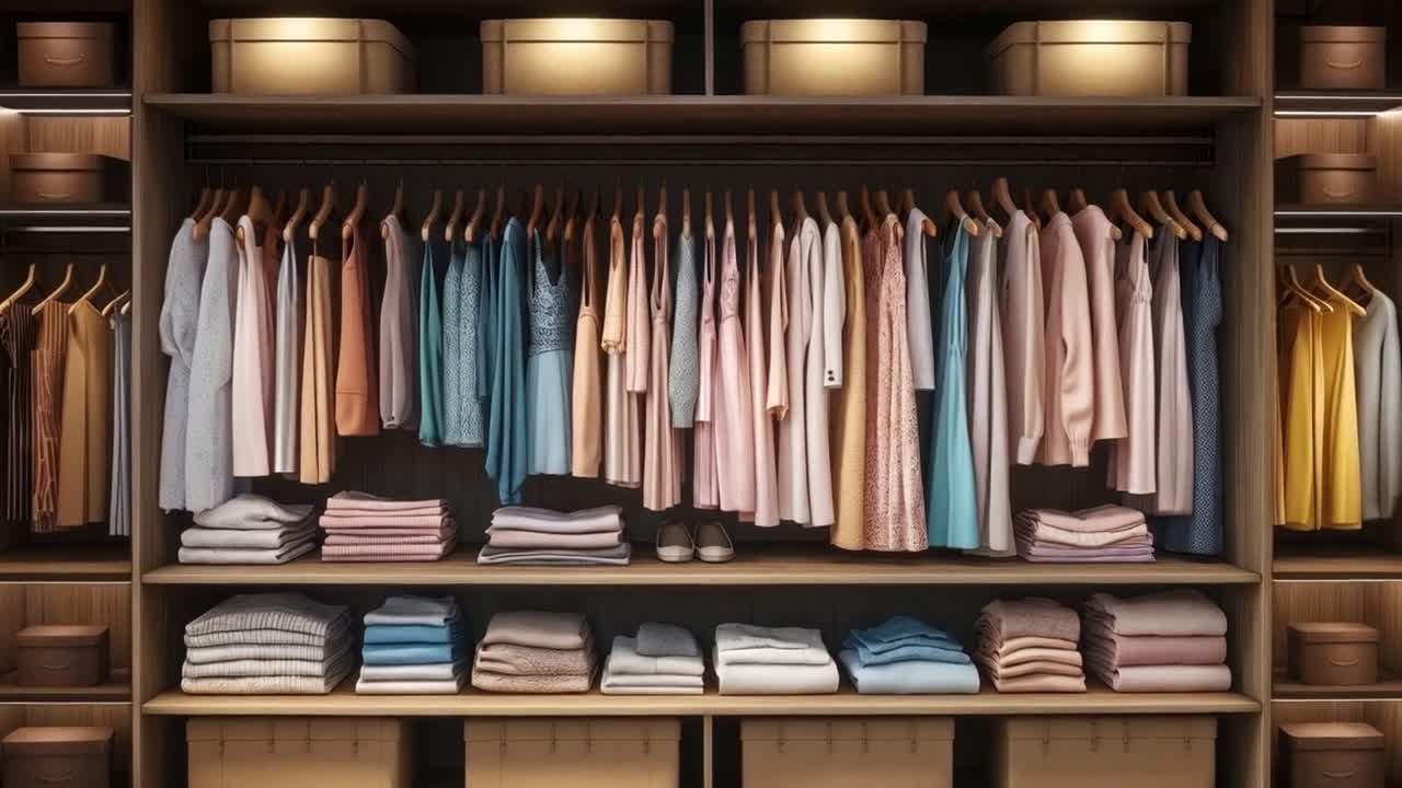 Neatly Organized Wardrobe with Clothes and Storage