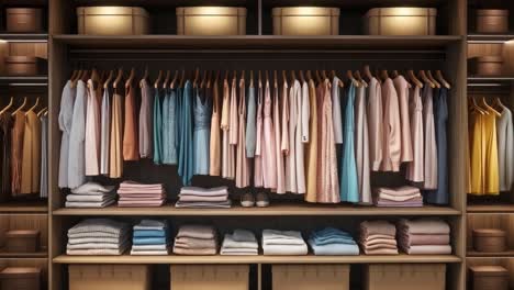 neatly organized wardrobe with clothes and storage