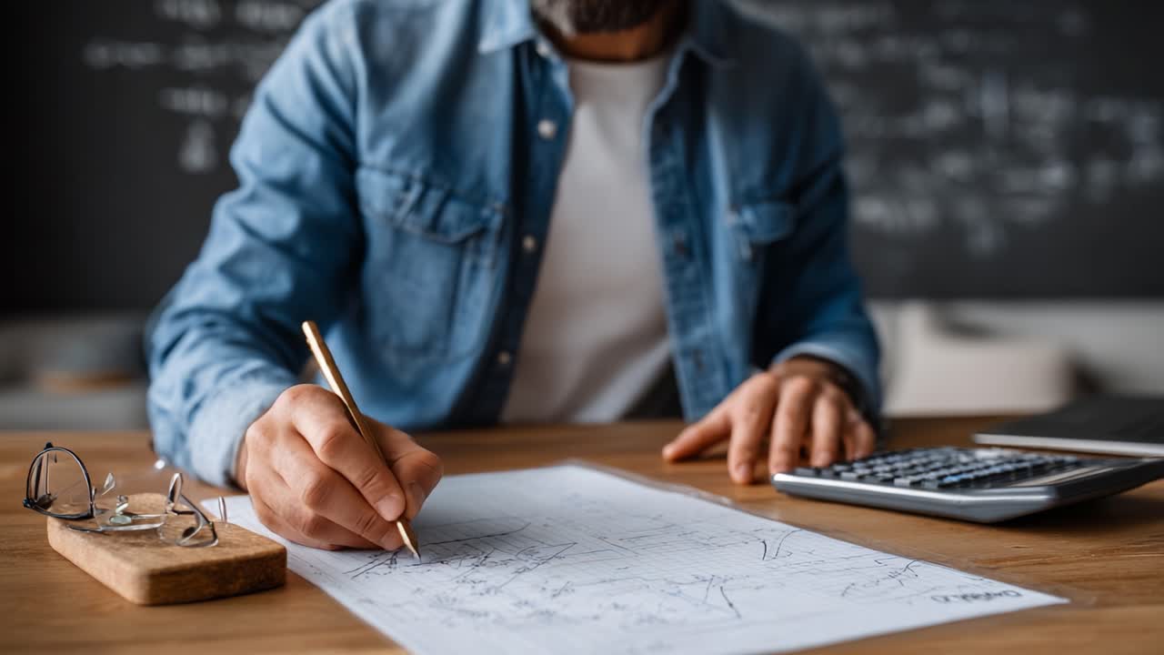 Focused Individual Annotating Detailed Plans on a Notepad, with Calculator and Glasses in Close Proximity, Reflecting Dedicated Work and Organization