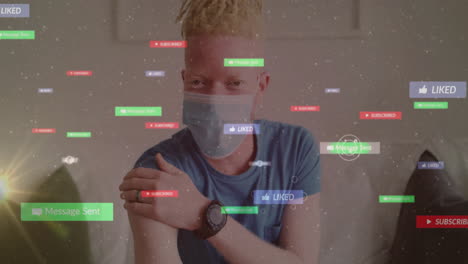 man wearing surgical mask holding arm gazing camera with social media marketing overlays floating