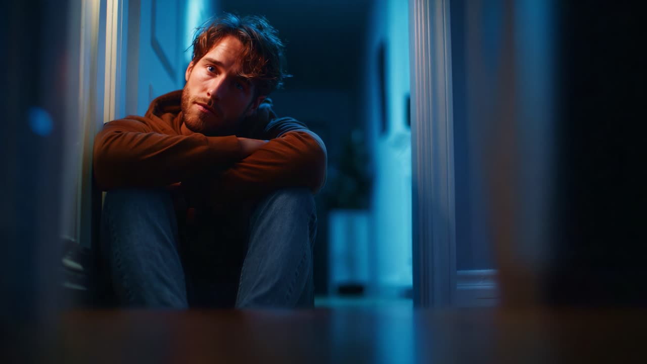 A Solitary Figure Seated on the Floor, Reflecting Deep Thoughts in a Dimly Lit Hallway, Capturing Moments of Introspection and Emotional Weight