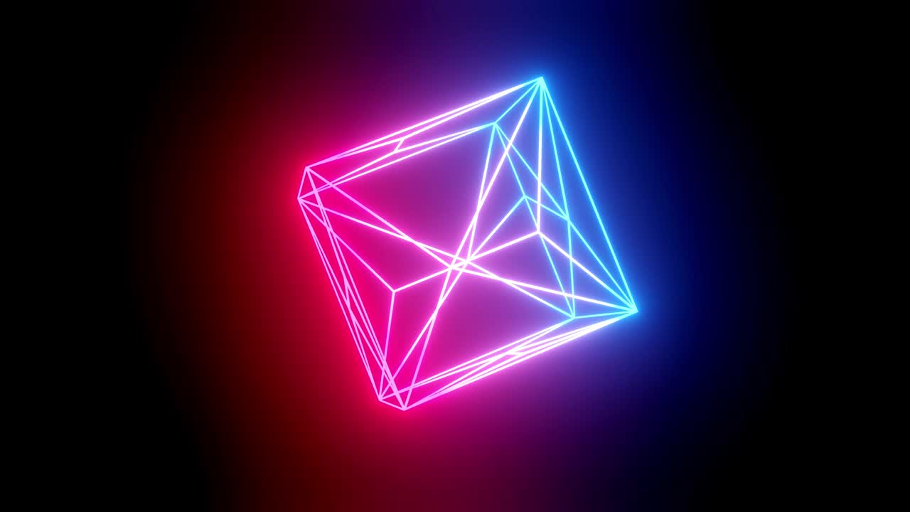 cubo de neón giratorio. fondo de animación en bucle 4k con brillo de neón, gradiente de luz azul rojo magenta. figura de marco luminoso 3d gira suavemente en la oscuridad en ciclo.