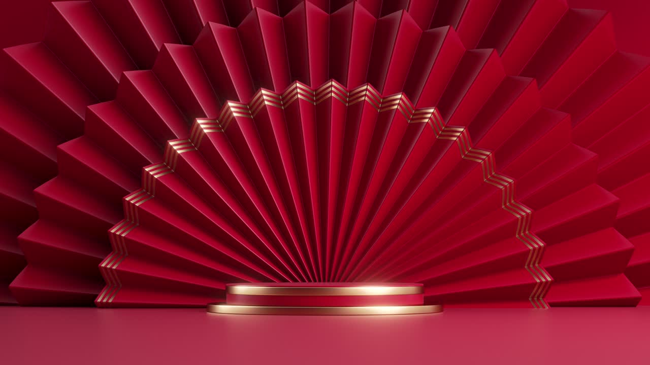 3d 애니메이션 4k, 회전 팬과 빈 무대와 함께 축제 배경, 제품 프레젠테이션을위한 포디움과 함께 빈 쇼케이스