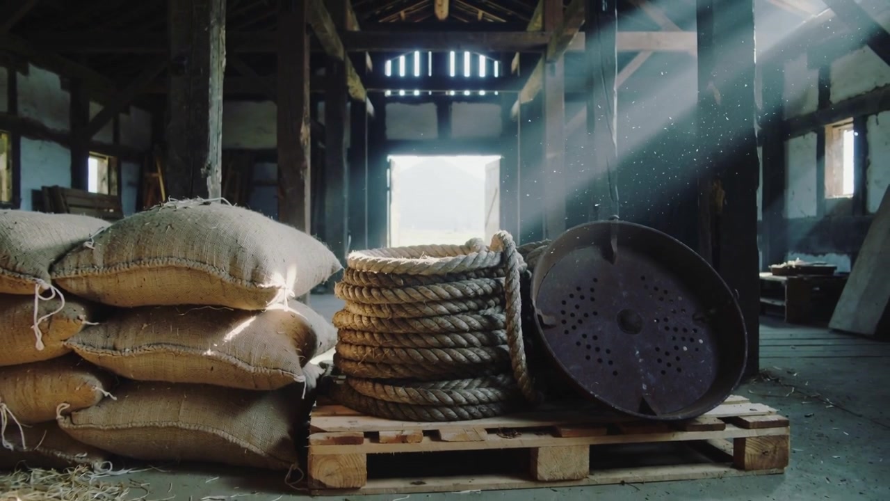 Shifting sunlight moving through slats, lighting burlap sacks, rope, metal disk on pallet in loft
