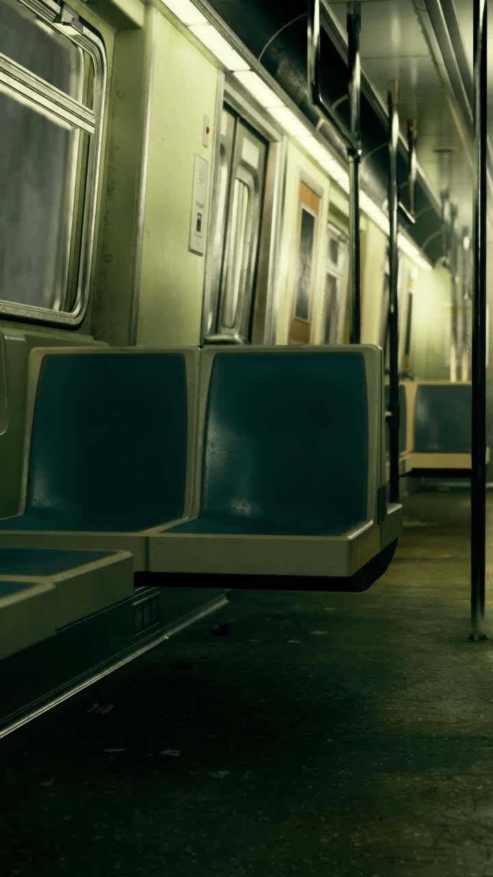 Abandoned subway car illuminated by dim lights in a quiet urban area