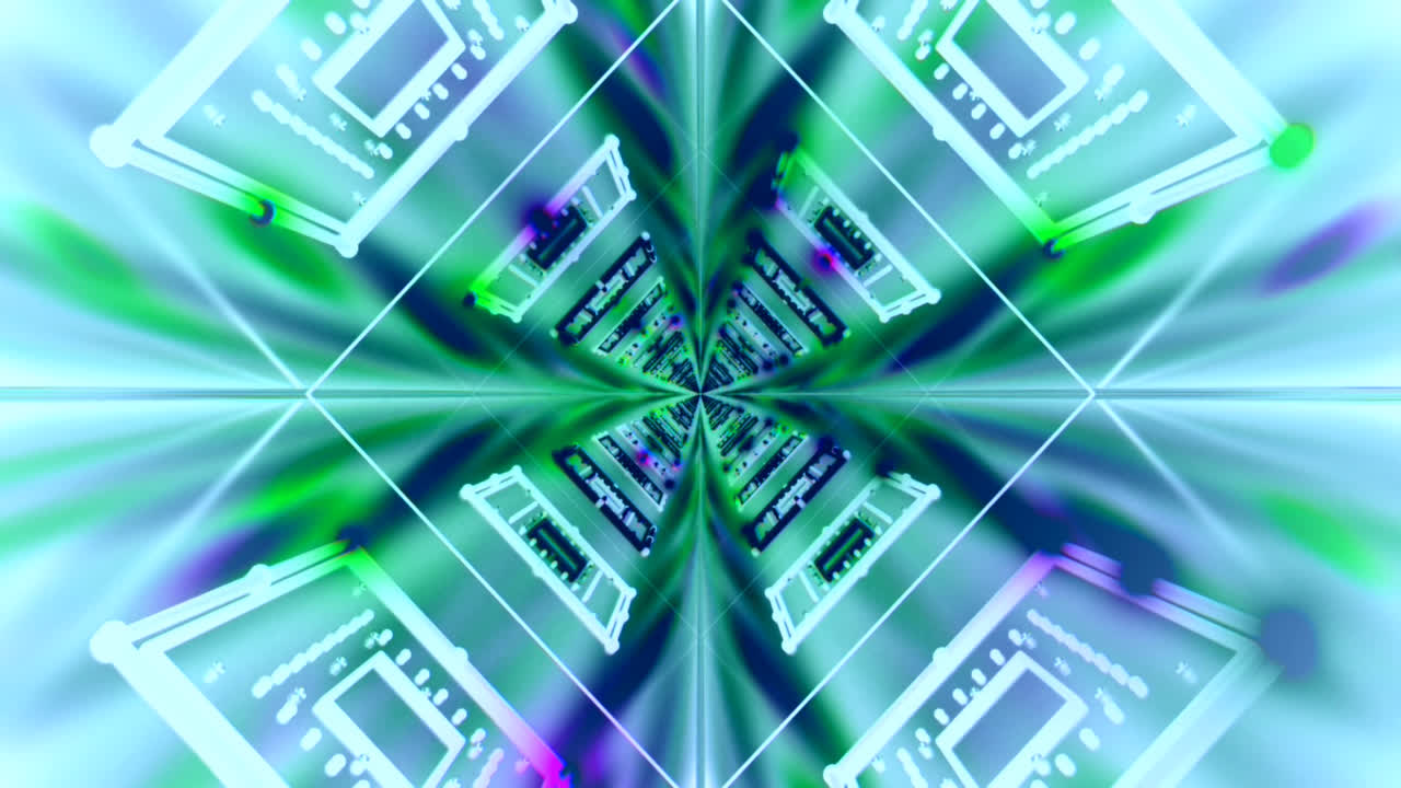 A dynamic tunnel animation featuring vibrant colors and geometric patterns swirls continuously. Ideal for creating captivating visuals suitable for screensavers or live performances