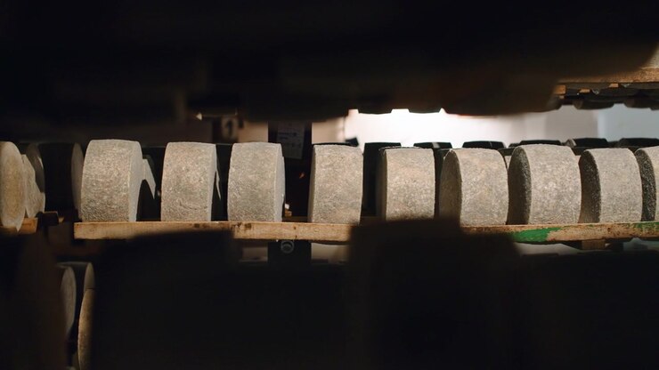 Rows of Cylindrical Stone Components on Shelves in Industrial Workshop