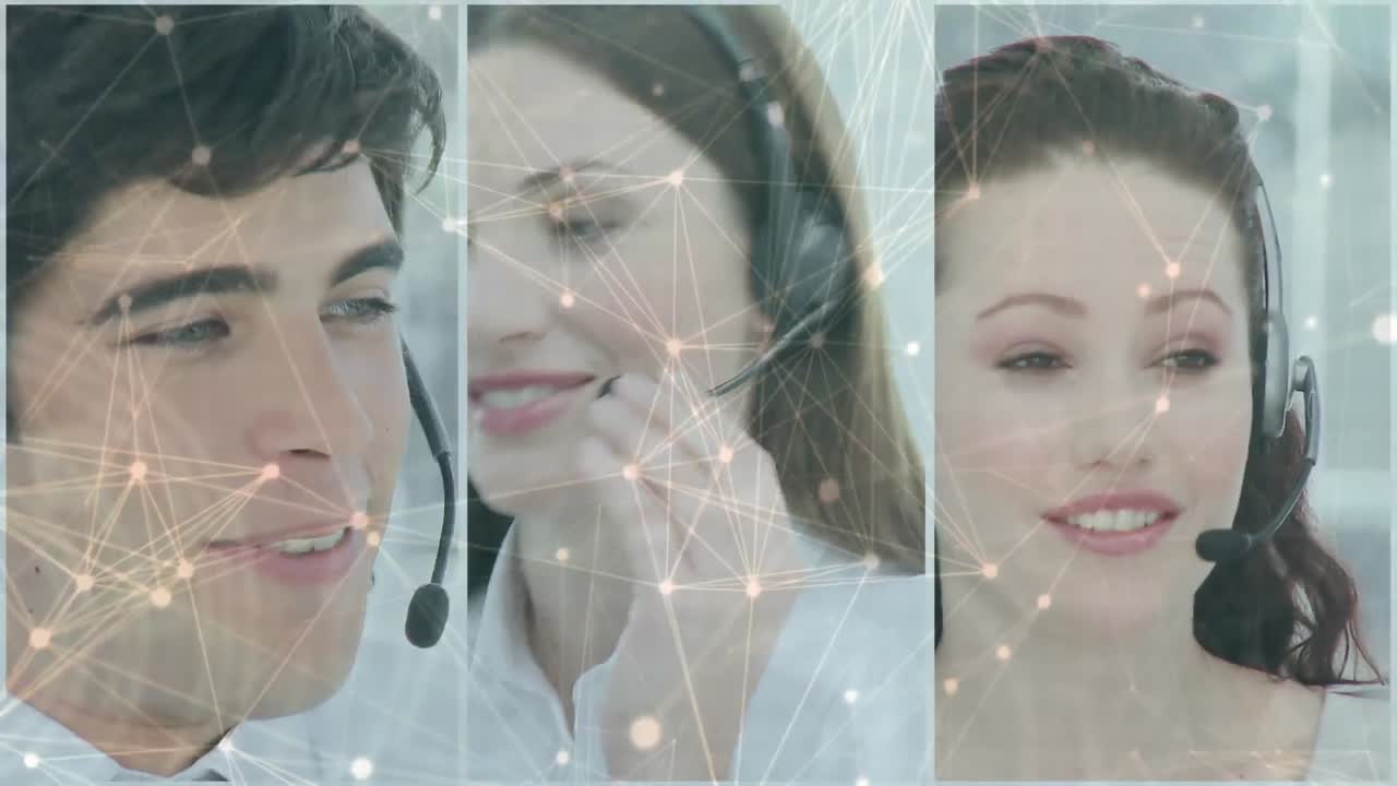 animación de redes de conexiones a través de personas de negocios que usan auriculares telefónicos