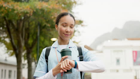 Nurse-woman,-thinking-and-time-outdoor