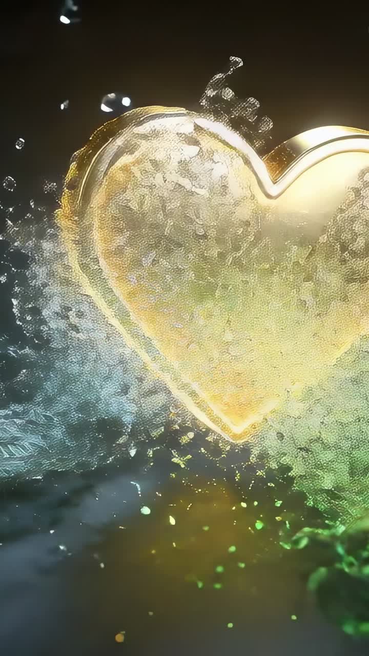 Cuore dorato luminoso con flusso di dati binari digitali