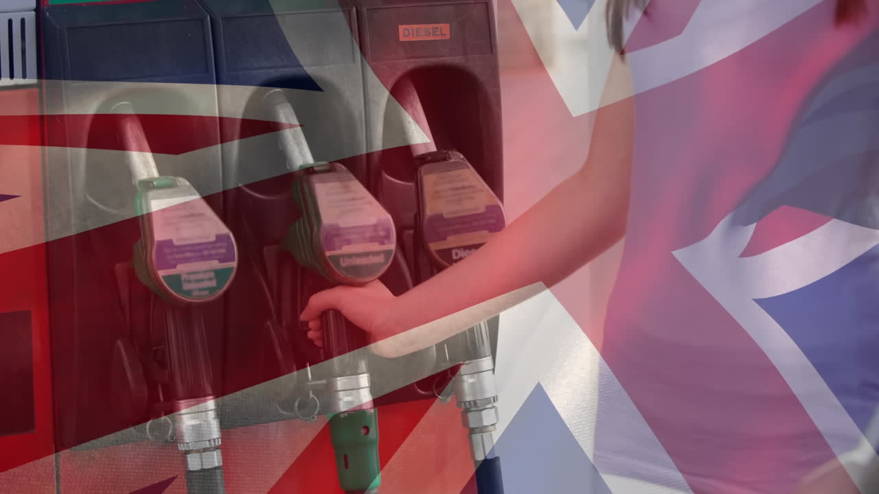 주유소에서 영국 발을 흔들고 있는 남자의 애니메이션