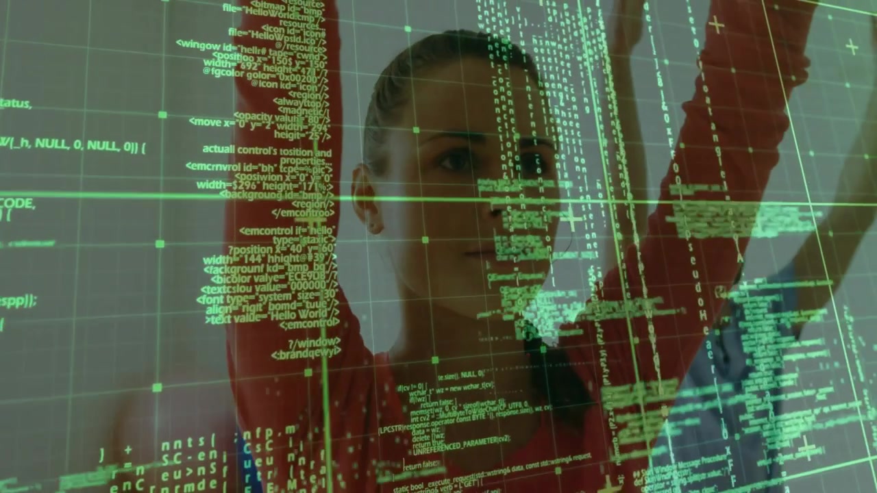 Woman reaching upward in technology workspace, interacting with floating code and node grid