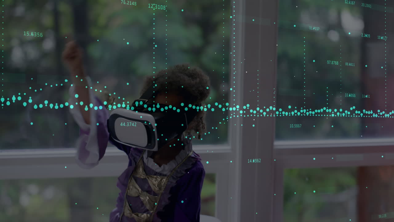 Animation of financial data processing over african american girl using vr headset