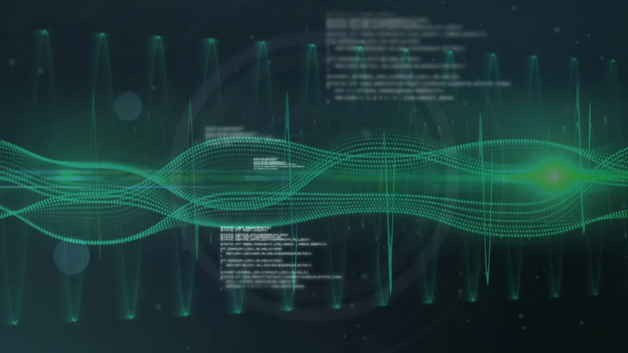 Bright flare emerging from left lighting waveform below rotating 3D helix, showing code streams