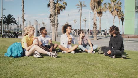 chatting modern people on street meadow