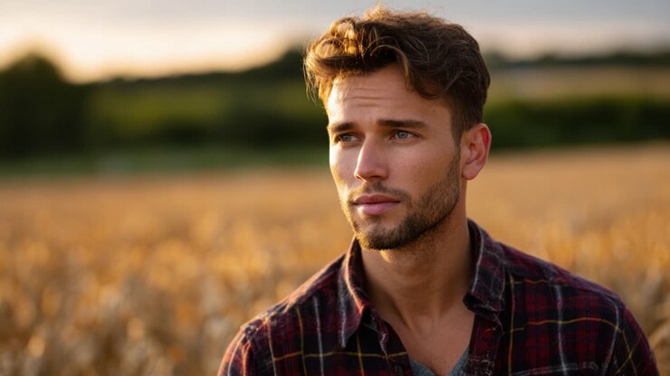 A thoughtful young man gazes into the distance while standing in a golden wheat field at sunset, reflecting on life amidst nature's serene beauty and warmth