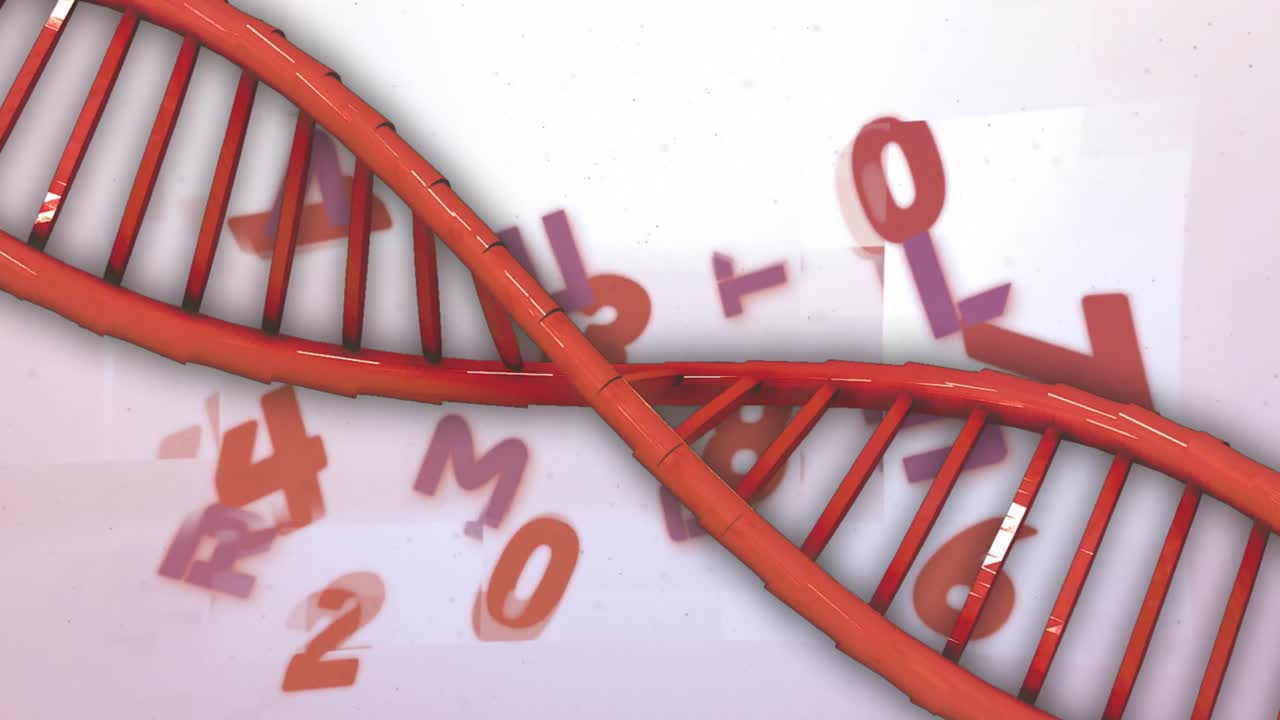 Animación de iconos matemáticos y cadena de ADN sobre fondo blanco