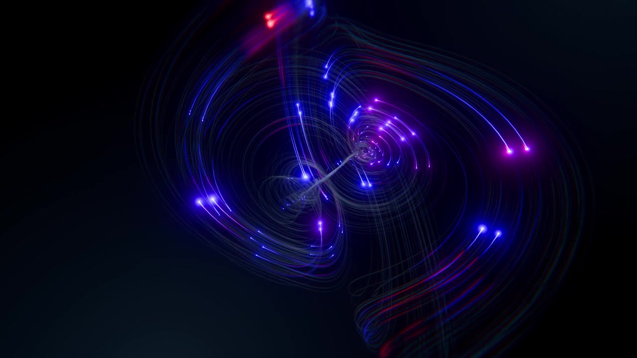 Abstract futuristic digital light trails with glowing blue and purple particles