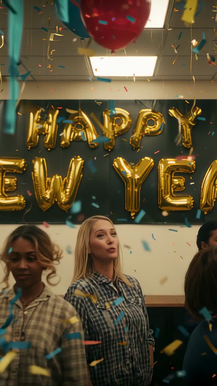 Vertikal video: Blond kvinde griber faldende konfetti på kontoret med gyldne GODT NYTÅR balloner