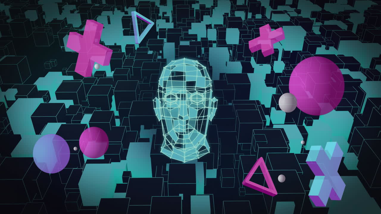 Animation of shapes and digital human over black background