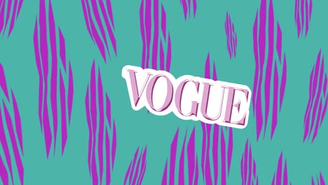 animation of vogue text in pink over purple abstract pattern on blue background