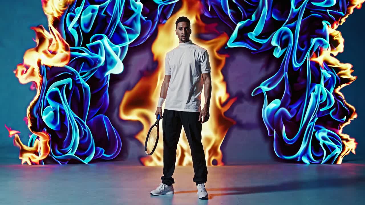 retrato de un jugador de tenis con fondo de fuego