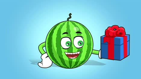 cartoon watermelon face animation gift box in hand with alpha matte