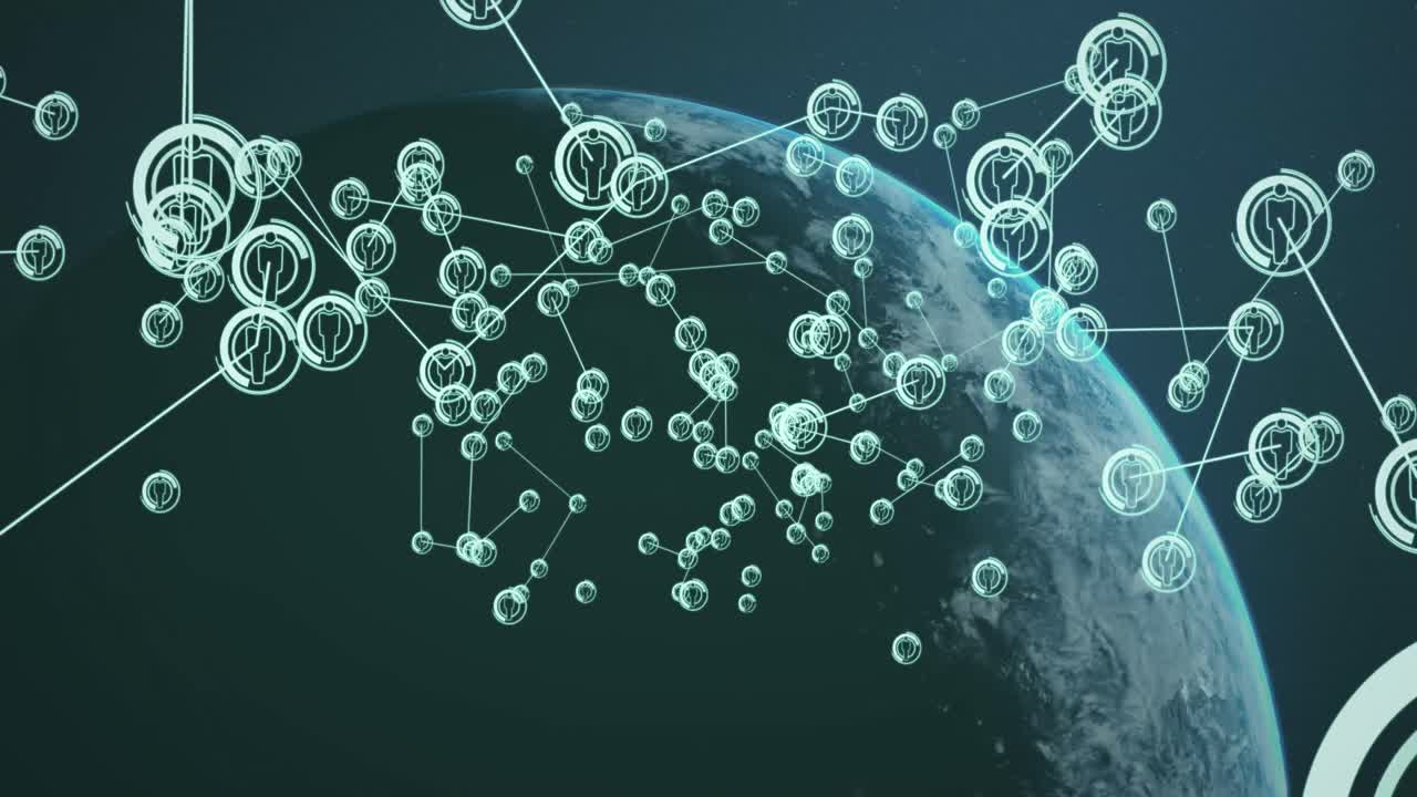 Animation of network of connections with icons over globe on black background