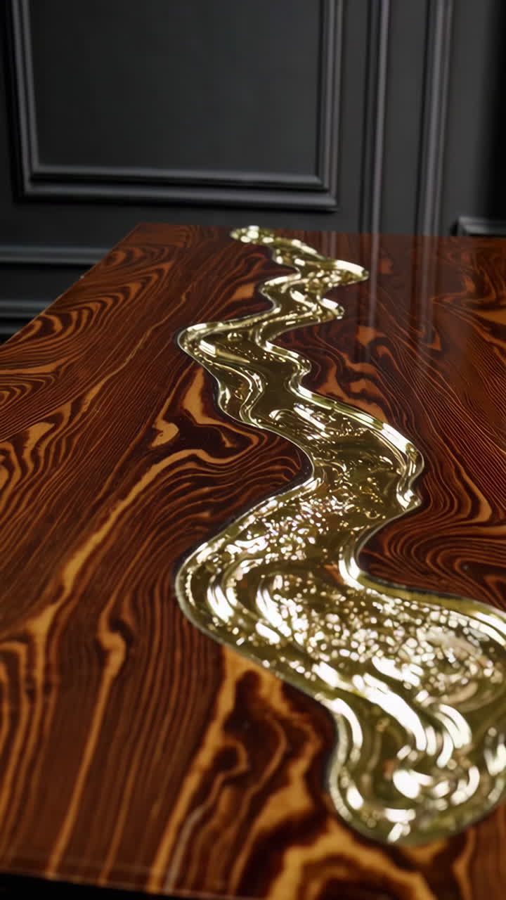 Elegant Wooden Table with Golden River Inlay