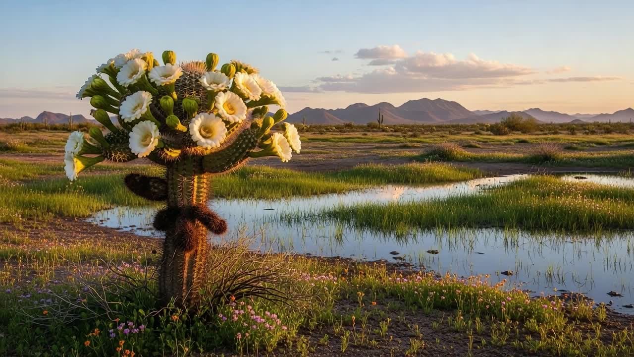 A Stunning Cactus in Full Bloom: A Lush Desert Landscape Showcasing Vibrant Flowers Against a Backdrop of Mountains and Serene Reflections at Sunset