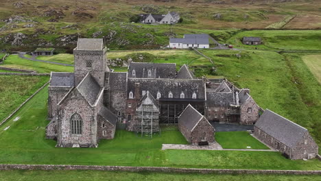 drone shot of iona abbey and nunnery, ancient landmark of island, scotland uk