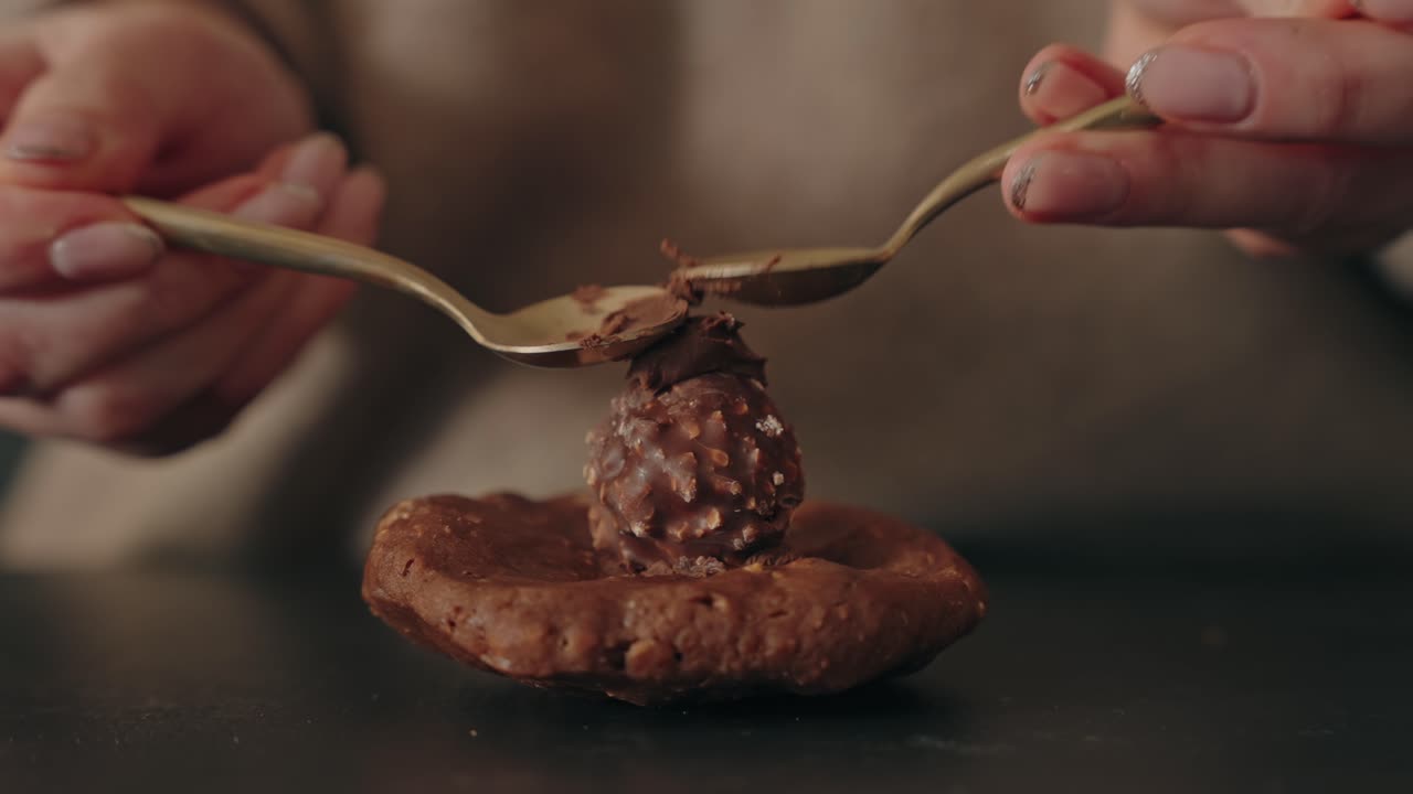 Des mains utilisant deux cuillères pour déposer une truffe au chocolat sur un biscuit.