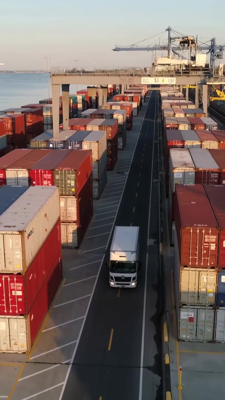 Vertical video: Approaching from far pier box truck passing beneath gantry past stacks for cargo