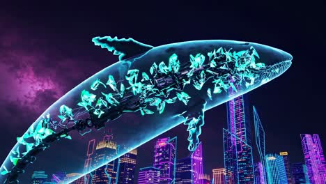 futuristic whale in a neon city