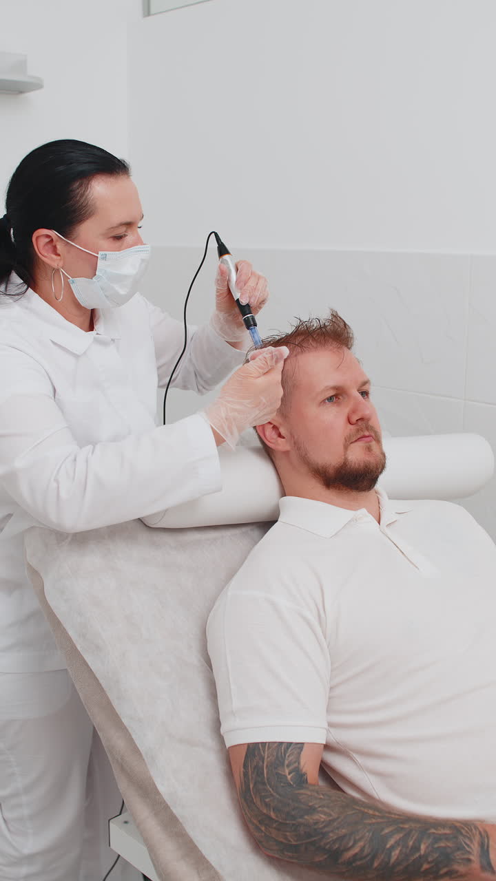 tricólogo haciendo hombre mejorar el crecimiento del cabello procedimiento dermapen microneedling inyecciones de vitaminas