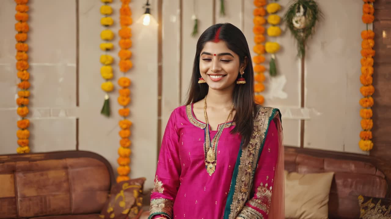 Portrait of beautiful young hindu woman wearing traditional pink and green sari and gold jewelry, posing in a decorated home interior with orange flower garlands and sofa