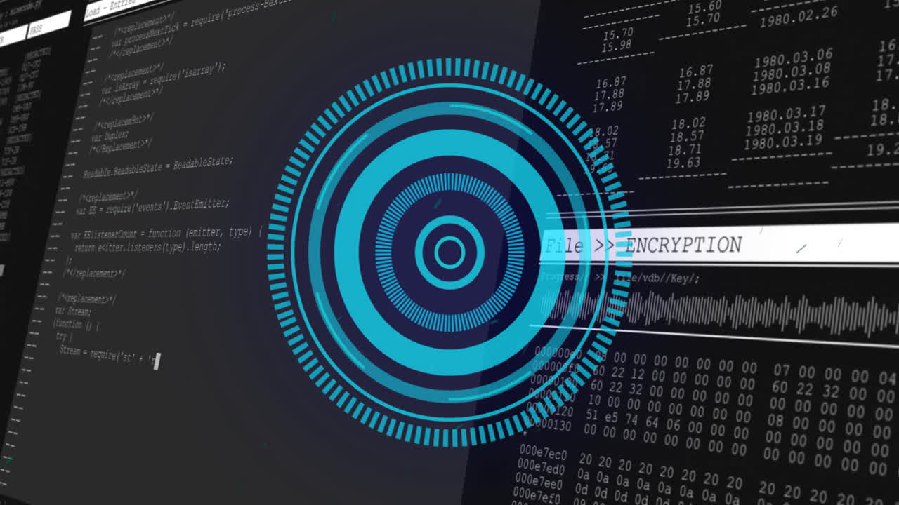Animation of digital encryption with coding and circular interface in school setting