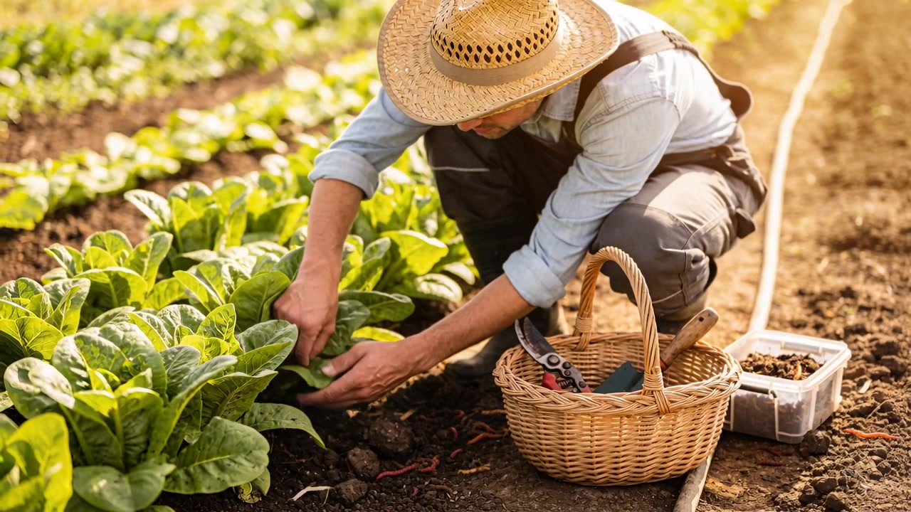 Agricultor cosechando con sombrero de paja arrodillado en una hilera al amanecer, cortando hojas en una cesta con tijeras de podar