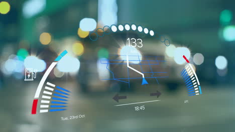animación del procesamiento de datos del velocímetro de automóviles sobre las calles de la ciudad